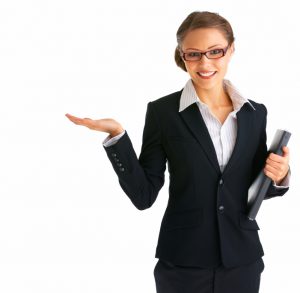 Young businesswoman isolated over white background gesturing an open hand while holding a file